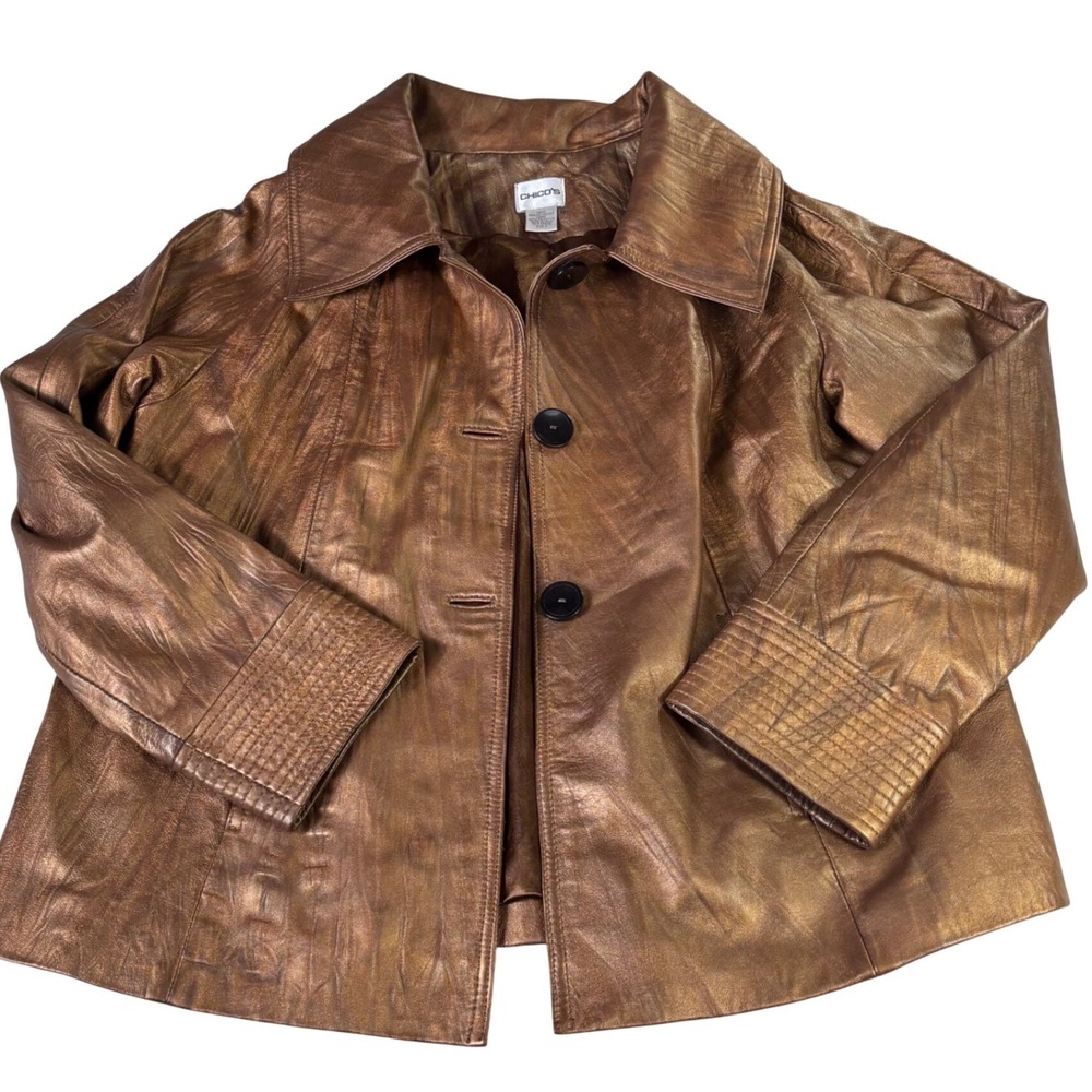Chicos Womens Metallic Bronze Genuine Leather Jacket Size‎ 2 Large Button Front